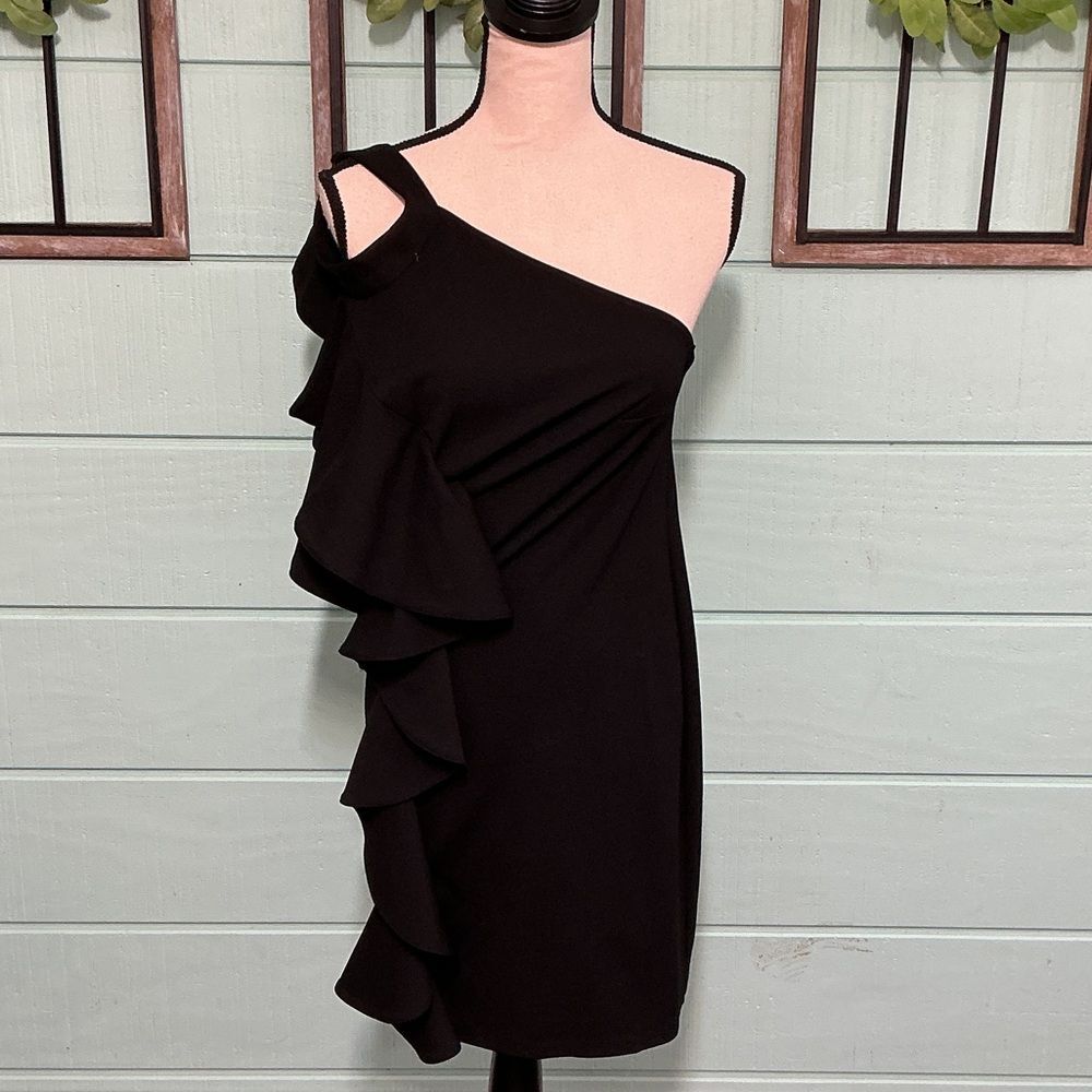 GB One Shoulder Ruffle Cocktail Dress – Black – Size M